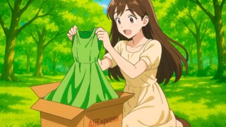 緑豊かな公園で、20歳の女の子が、AliExpressって書かれた箱を開けて感動している様子