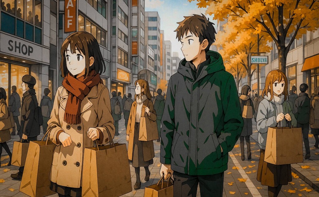 大きな紙袋で冬の服を買い物している風景