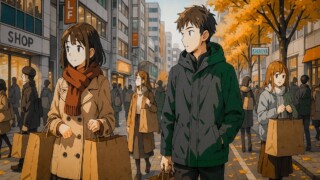 大きな紙袋で冬の服を買い物している風景