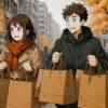 落ち葉が積もる並木道の中、若い夫婦が両手いっぱいに大量の買い物袋を抱えて歩いています。 二人とも笑顔で、買い物を楽しんだ様子が伝わります。
