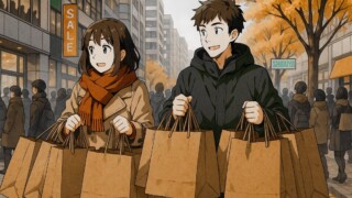 落ち葉が積もる並木道の中、若い夫婦が両手いっぱいに大量の買い物袋を抱えて歩いています。 二人とも笑顔で、買い物を楽しんだ様子が伝わります。