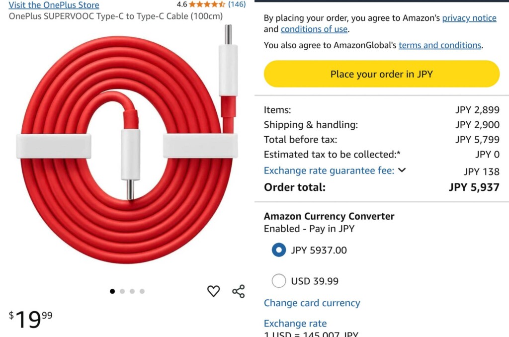 Amazonの公式OnePlus充電ケーブル価格6,000円